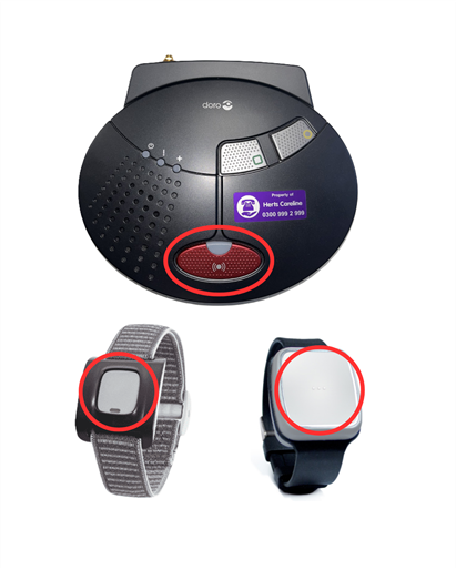 Doro unit and pendants with alarm buttons circled